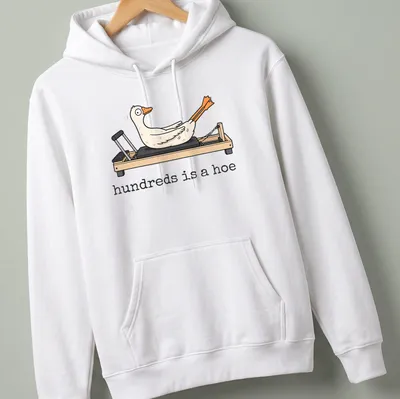 Cartoonish goose in Pilates pose with humorous text "hundreds is a hoe" — printed on a unisex hoodie