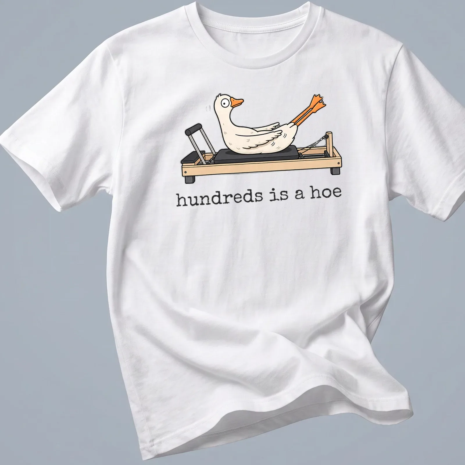 Cartoonish goose in Pilates pose with humorous text "hundreds is a hoe" — printed on a unisex t-shirt