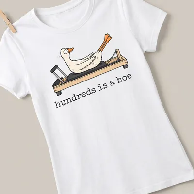 Cartoonish goose in Pilates pose with humorous text "hundreds is a hoe" — printed on a women's shirt