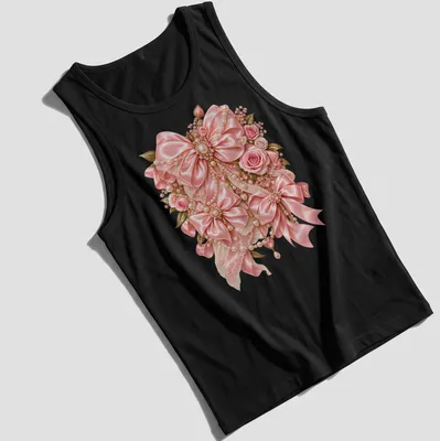 Elegant floral design featuring pink bows and roses in soft colors — printed on a tank top