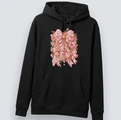 Elegant floral design featuring pink bows and roses in soft colors — printed on a unisex hoodie