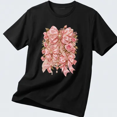 Elegant floral design featuring pink bows and roses in soft colors