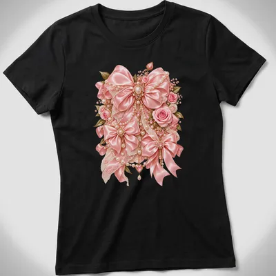 Elegant floral design featuring pink bows and roses in soft colors — printed on a women's shirt