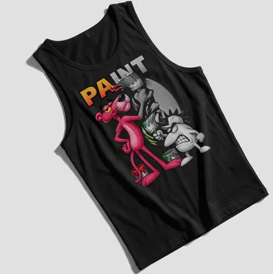Cartoon Pink Panther painting with the word 'PAINT' in bold letters — printed on a tank top