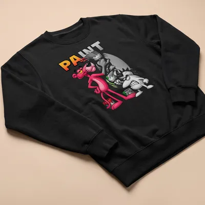 Cartoon Pink Panther painting with the word 'PAINT' in bold letters — printed on a unisex sweatshirt