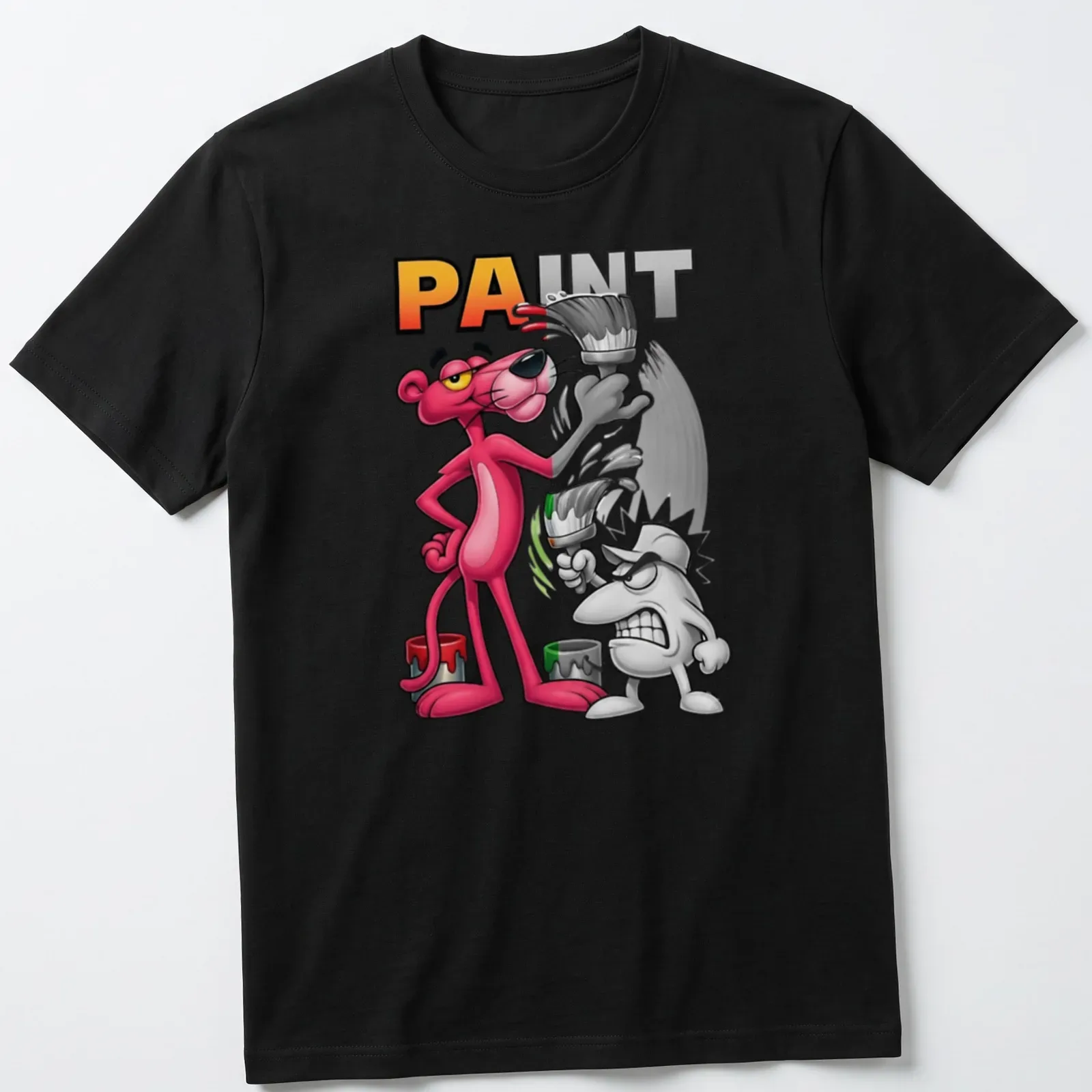 Cartoon Pink Panther painting with the word 'PAINT' in bold letters — printed on a unisex t-shirt