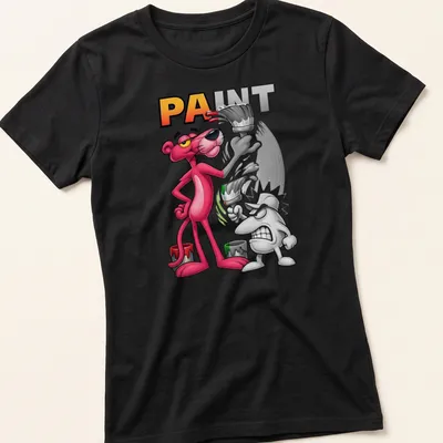 Cartoon Pink Panther painting with the word 'PAINT' in bold letters — printed on a women's shirt