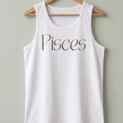 Elegant Pisces zodiac sign t-shirt in serif font with brown and white colors — printed on a tank top