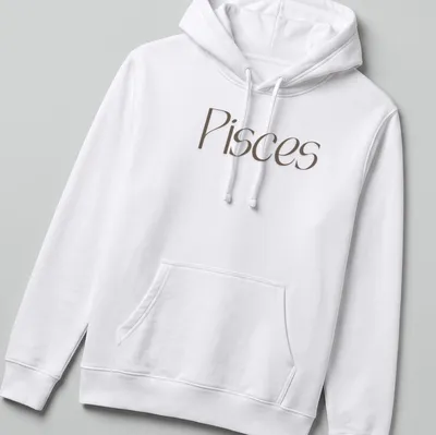 Elegant Pisces zodiac sign t-shirt in serif font with brown and white colors — printed on a unisex hoodie