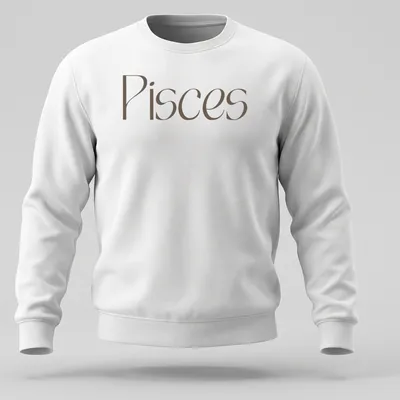 Elegant Pisces zodiac sign t-shirt in serif font with brown and white colors — printed on a unisex sweatshirt