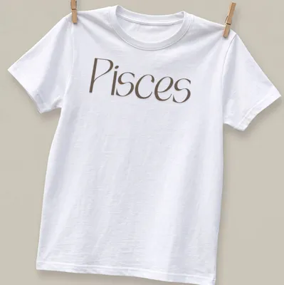 Elegant Pisces zodiac sign t-shirt in serif font with brown and white colors