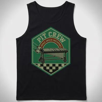 Vintage badge design of a pit crew with text: Pit Crew Unpaid Unseen Unstoppable — printed on a tank top