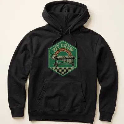 Vintage badge design of a pit crew with text: Pit Crew Unpaid Unseen Unstoppable — printed on a unisex hoodie