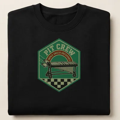Vintage badge design of a pit crew with text: Pit Crew Unpaid Unseen Unstoppable — printed on a unisex sweatshirt