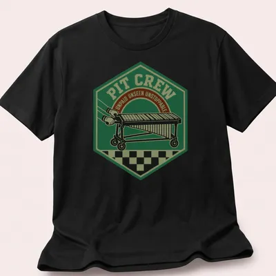 Vintage badge design of a pit crew with text: Pit Crew Unpaid Unseen Unstoppable