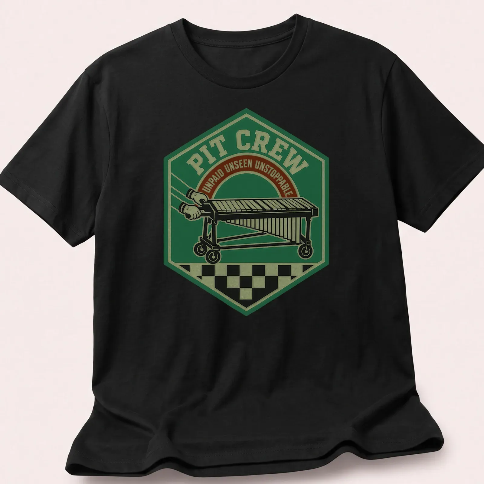 Vintage badge design of a pit crew with text: Pit Crew Unpaid Unseen Unstoppable — printed on a unisex t-shirt