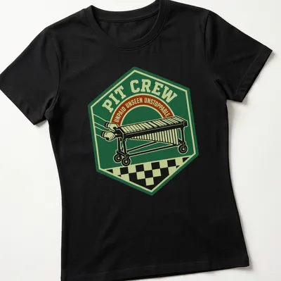 Vintage badge design of a pit crew with text: Pit Crew Unpaid Unseen Unstoppable — printed on a women's shirt