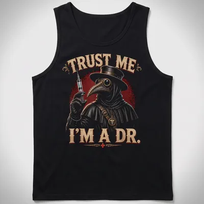 Vintage distressed t-shirt featuring a Plague Medic with dark humor text — printed on a tank top