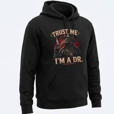 Vintage distressed t-shirt featuring a Plague Medic with dark humor text — printed on a unisex hoodie