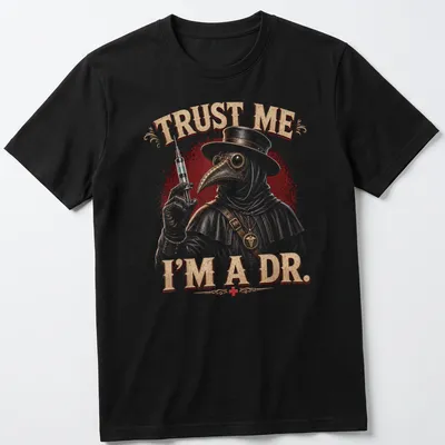 Vintage distressed t-shirt featuring a Plague Medic with dark humor text