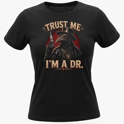 Vintage distressed t-shirt featuring a Plague Medic with dark humor text — printed on a women's shirt