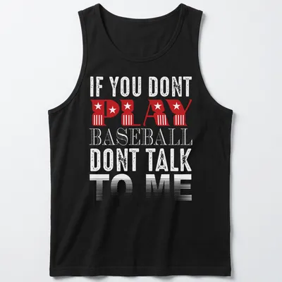 Bold retro Play t-shirt with red text and star motifs — printed on a tank top
