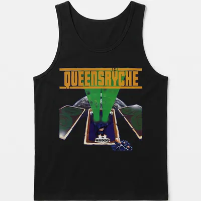 Graphic T-shirt featuring playing cards and green light beams with Queensrÿche design. — printed on a tank top