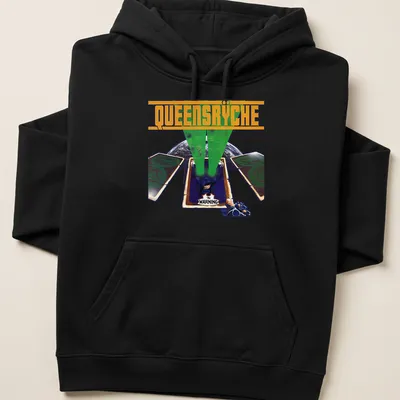 Graphic T-shirt featuring playing cards and green light beams with Queensrÿche design. — printed on a unisex hoodie