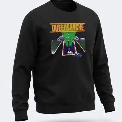 Graphic T-shirt featuring playing cards and green light beams with Queensrÿche design. — printed on a unisex sweatshirt