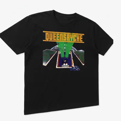 Graphic T-shirt featuring playing cards and green light beams with Queensrÿche design. — printed on a unisex t-shirt (angled view)