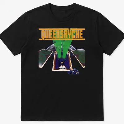 Graphic T-shirt featuring playing cards and green light beams with Queensrÿche design.
