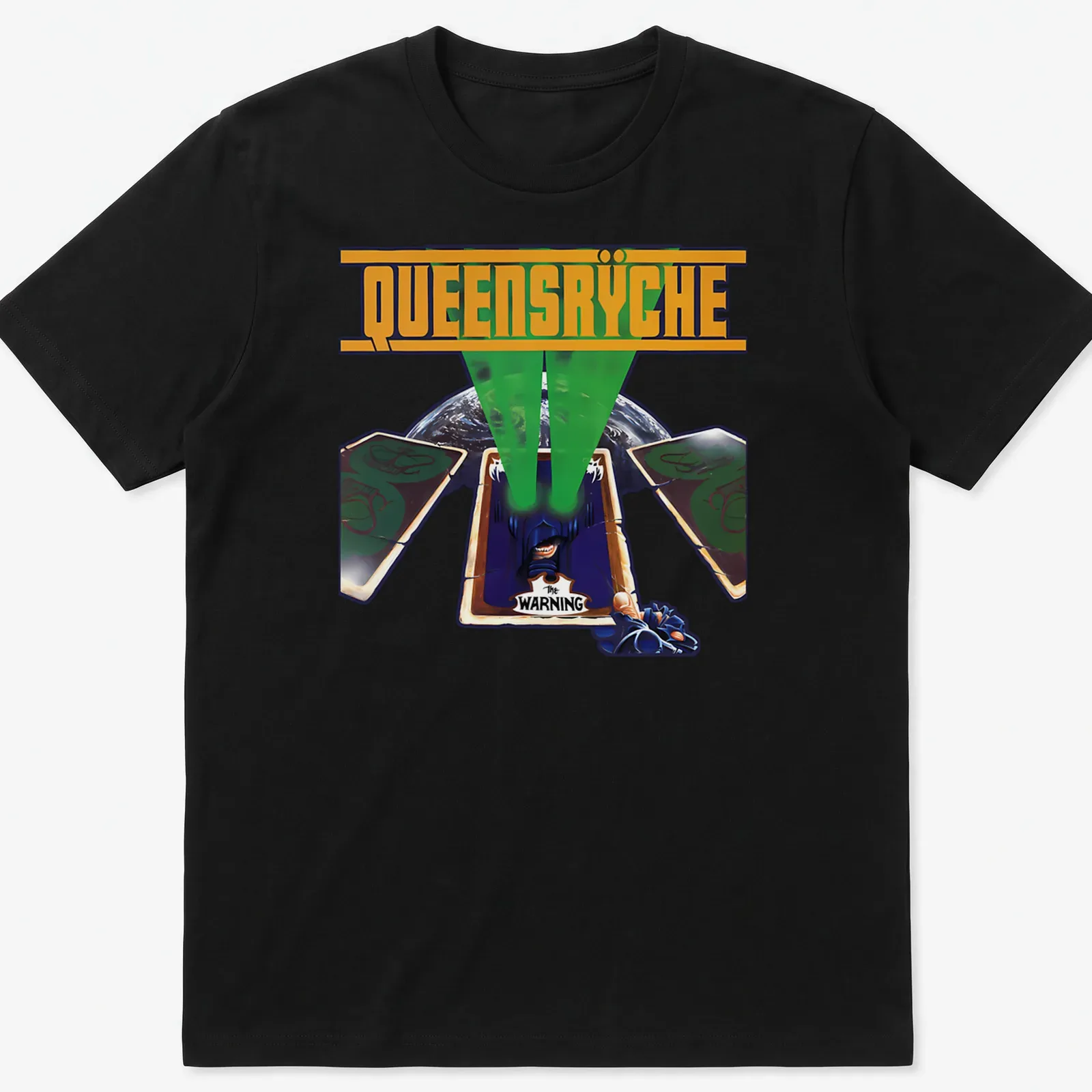 Graphic T-shirt featuring playing cards and green light beams with Queensrÿche design. — printed on a unisex t-shirt
