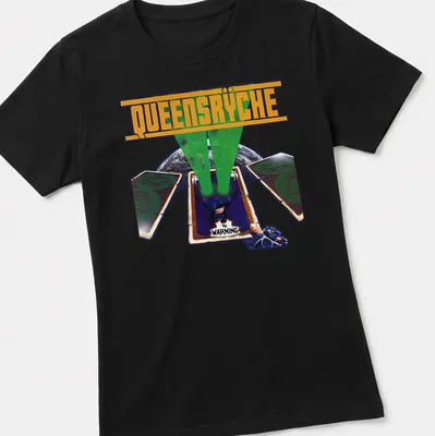 Graphic T-shirt featuring playing cards and green light beams with Queensrÿche design. — printed on a women's shirt
