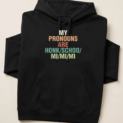 Colorful typography t-shirt with the phrase about pronouns in bold text — printed on a unisex hoodie