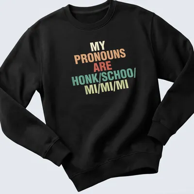 Colorful typography t-shirt with the phrase about pronouns in bold text — printed on a unisex sweatshirt