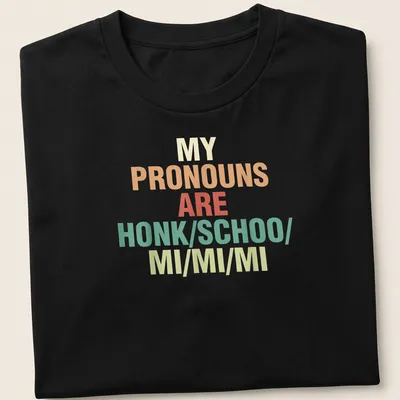 Colorful typography t-shirt with the phrase about pronouns in bold text