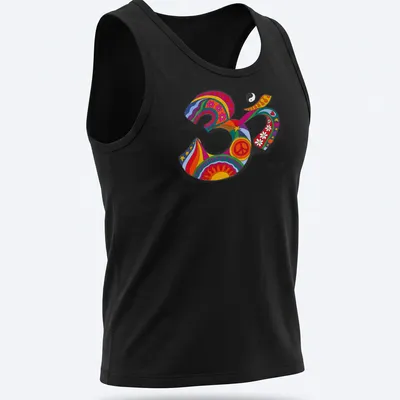 Colorful psychedelic Om symbol surrounded by flowers in retro style — printed on a tank top