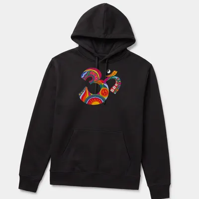 Colorful psychedelic Om symbol surrounded by flowers in retro style — printed on a unisex hoodie