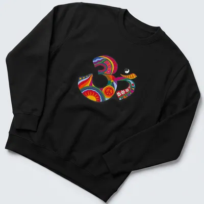 Colorful psychedelic Om symbol surrounded by flowers in retro style — printed on a unisex sweatshirt