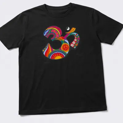 Colorful psychedelic Om symbol surrounded by flowers in retro style