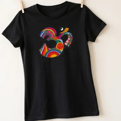 Colorful psychedelic Om symbol surrounded by flowers in retro style — printed on a women's shirt