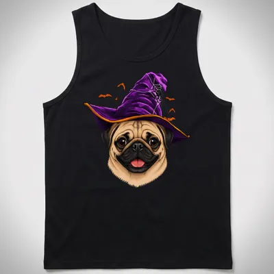 Cartoon pug wearing a witch hat surrounded by Halloween elements in purple and orange. — printed on a tank top