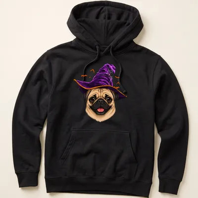 Cartoon pug wearing a witch hat surrounded by Halloween elements in purple and orange. — printed on a unisex hoodie