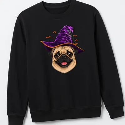 Cartoon pug wearing a witch hat surrounded by Halloween elements in purple and orange. — printed on a unisex sweatshirt