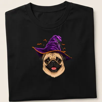 Cartoon pug wearing a witch hat surrounded by Halloween elements in purple and orange.