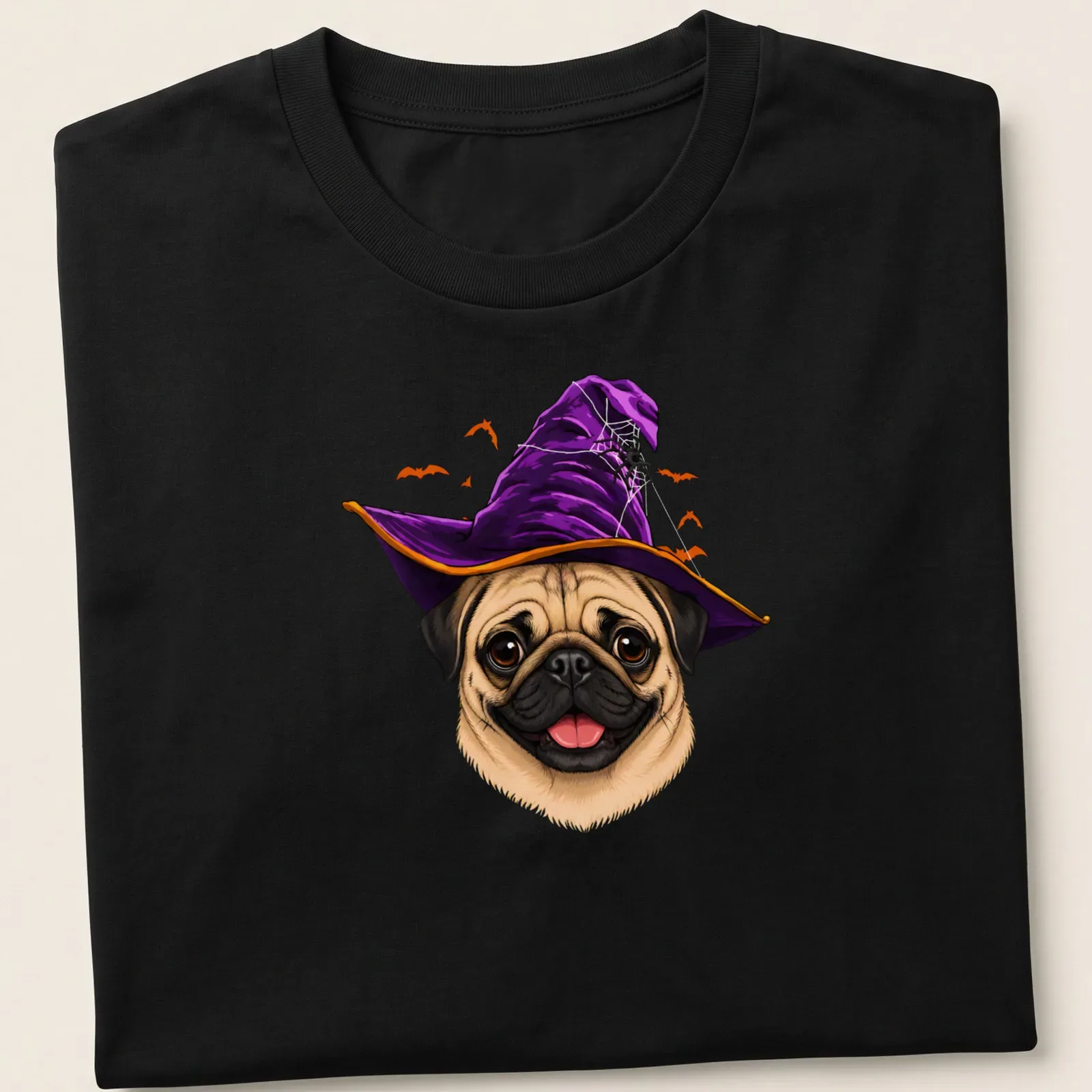 Cartoon pug wearing a witch hat surrounded by Halloween elements in purple and orange. — printed on a unisex t-shirt