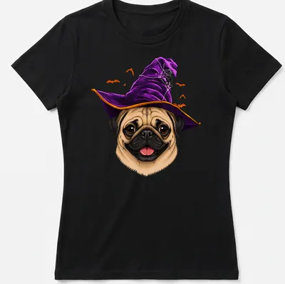 Cartoon pug wearing a witch hat surrounded by Halloween elements in purple and orange. — printed on a women's shirt