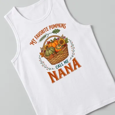Vintage illustration tee featuring a basket of pumpkins with text about being a nana — printed on a tank top