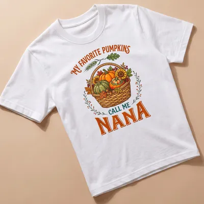 Vintage illustration tee featuring a basket of pumpkins with text about being a nana