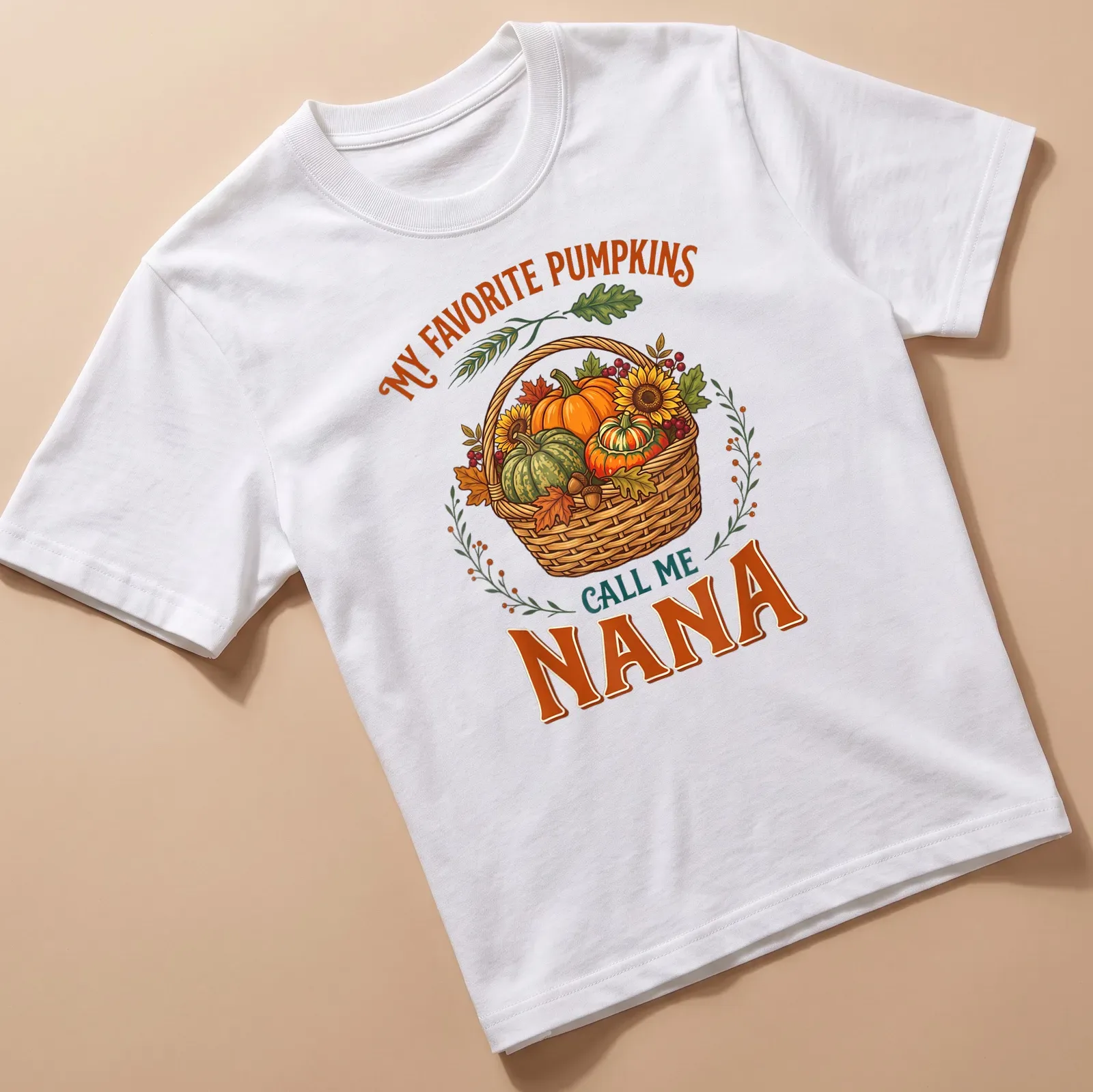 Vintage illustration tee featuring a basket of pumpkins with text about being a nana — printed on a unisex t-shirt